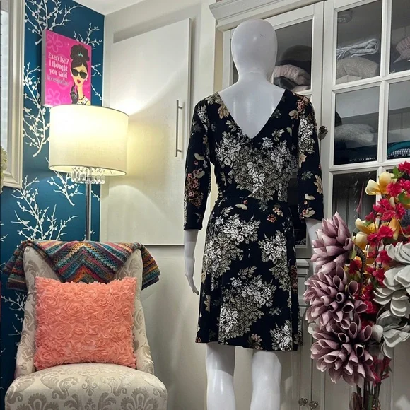 Dex Black Floral Long-Sleeve Fit-and-Flare Dress - Picture 9 of 11